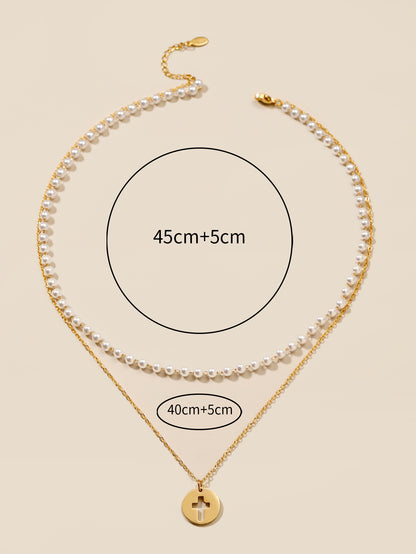 Simple Style Classic Style Cross Stainless Steel Imitation Pearl Beaded Plating Women's Necklace