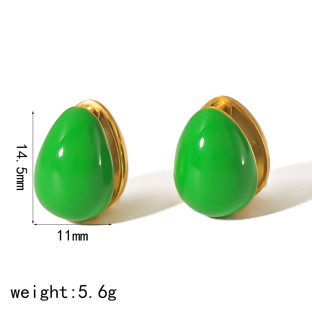 1 Pair Elegant Oval Enamel Stainless Steel 18K Gold Plated Ear Studs