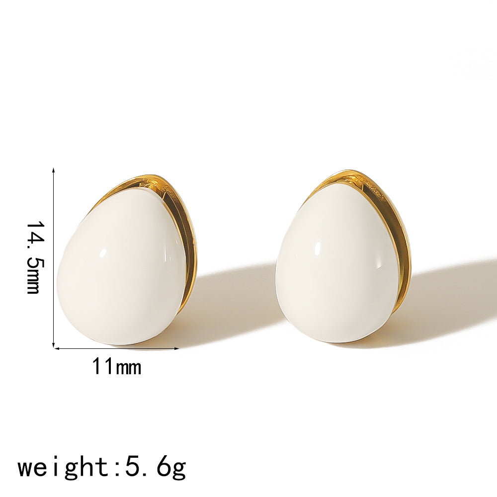 1 Pair Elegant Oval Enamel Stainless Steel 18K Gold Plated Ear Studs