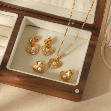 304 Stainless Steel 18K Gold Plated Elegant Cute Heart Shape Polishing Plating Inlay Pearl Jewelry Set