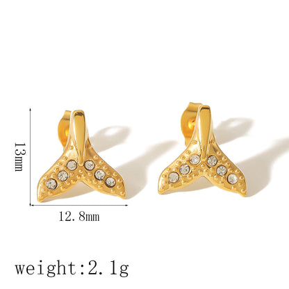 1 Pair Elegant Glam Crown Fish Tail Polishing Plating Inlay 304 Stainless Steel Zircon 18K Gold Plated Ear Studs