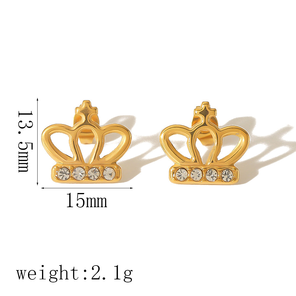 1 Pair Elegant Glam Crown Fish Tail Polishing Plating Inlay 304 Stainless Steel Zircon 18K Gold Plated Ear Studs