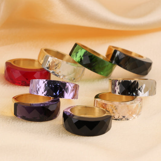 Stainless Steel 18K Gold Plated Basic Color Block Plating Inlay Glass Stone Rings