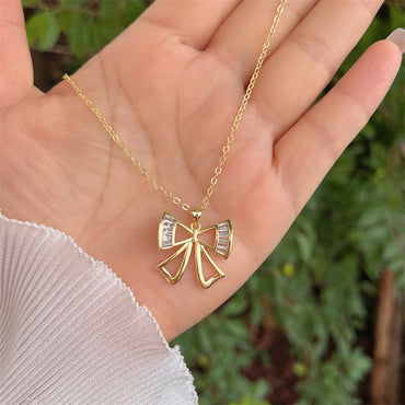 Copper 18K Gold Plated Simple Style Classic Style Bow Knot Plating Inlay Zircon Pendant Necklace