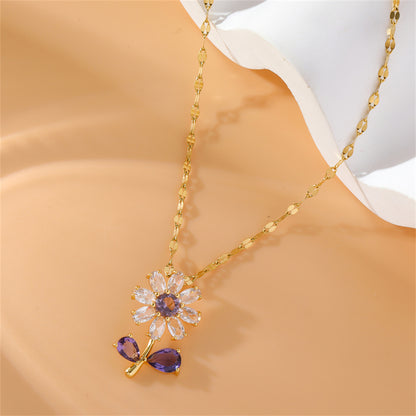 Ferroalloy Brass Simple Style Plating Inlay Flower Zircon Pendant Necklace