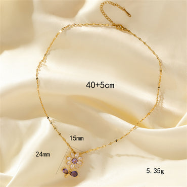 Ferroalloy Brass Simple Style Plating Inlay Flower Zircon Pendant Necklace
