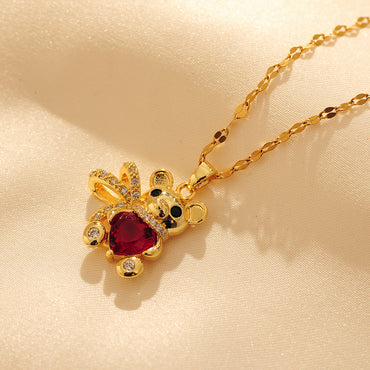 Copper Cute Modern Style Little Bear Inlay Zircon Pendant Necklace