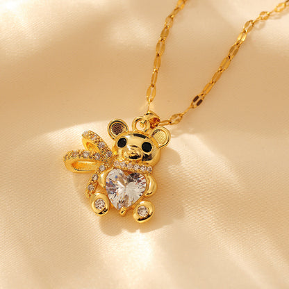 Copper Cute Modern Style Little Bear Inlay Zircon Pendant Necklace