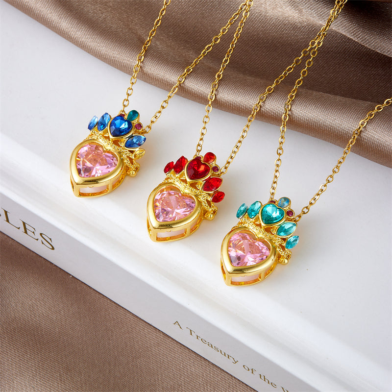 304 Stainless Steel Copper Casual Lady Sweet Inlay Heart Shape Crown Rhinestones Pendant Necklace