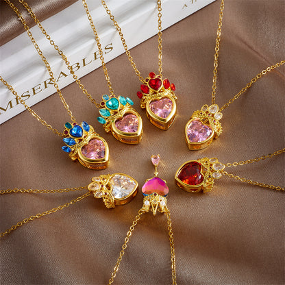 304 Stainless Steel Copper Casual Lady Sweet Inlay Heart Shape Crown Rhinestones Pendant Necklace