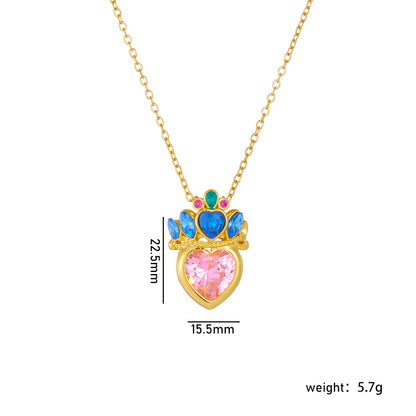 304 Stainless Steel Copper Casual Lady Sweet Inlay Heart Shape Crown Rhinestones Pendant Necklace