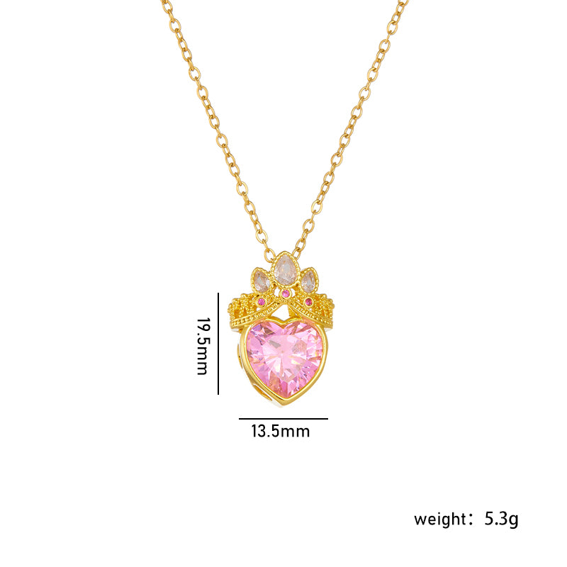 304 Stainless Steel Copper Casual Lady Sweet Inlay Heart Shape Crown Rhinestones Pendant Necklace