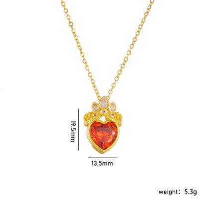 304 Stainless Steel Copper Casual Lady Sweet Inlay Heart Shape Crown Rhinestones Pendant Necklace