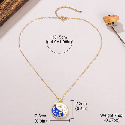 Copper 18K Gold Plated Vintage Style Enamel Inlay Star Moon Zircon Pendant Necklace