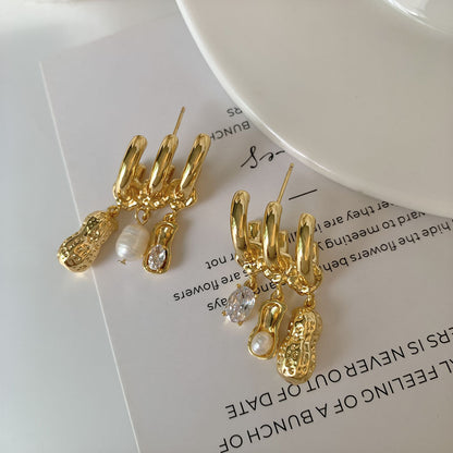 1 Pair Simple Style Artistic Peanut Plating Inlay Copper Zircon 18K Gold Plated Drop Earrings