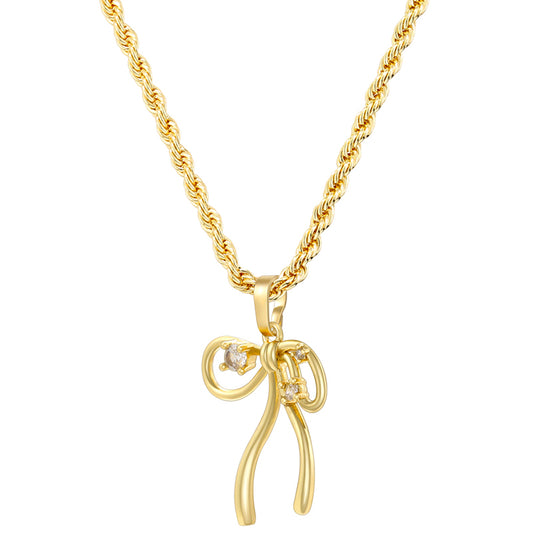 Copper 18K Gold Plated Casual Bow Knot Inlay Zircon Pendant Necklace