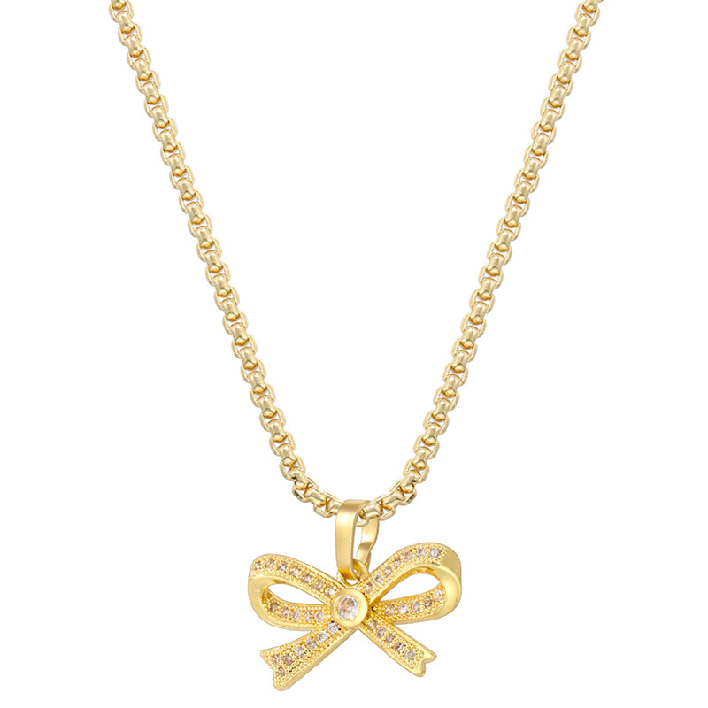 Copper 18K Gold Plated Elegant Bow Knot Inlay Zircon Pendant Necklace