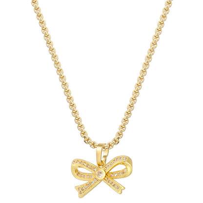 Copper 18K Gold Plated Elegant Bow Knot Inlay Zircon Pendant Necklace