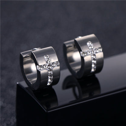 1 Pair Hip-Hop Rock Cross Round Inlay 316 Stainless Steel  Titanium Steel Zircon Earrings