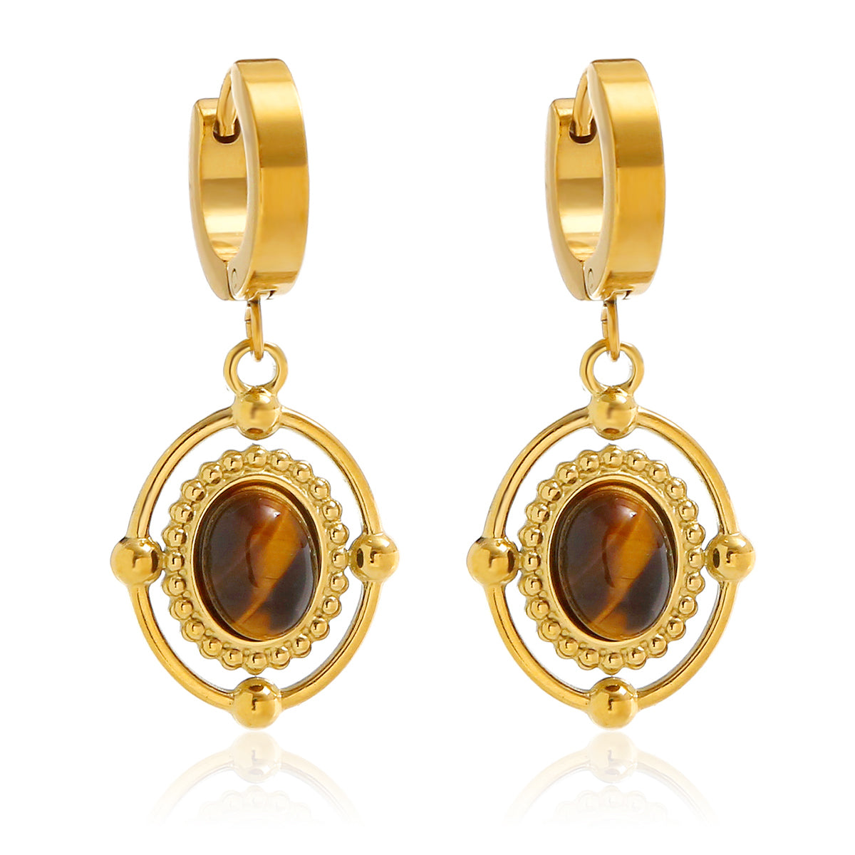 1 Pair Vintage Style Beach Oval Plating Inlay Stainless Steel Tiger Eye 18K Gold Plated Drop Earrings