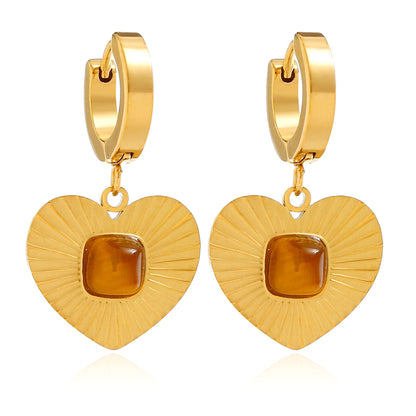 1 Pair Simple Style Classic Style Heart Shape Plating Inlay 304 Stainless Steel Tiger Eye 18K Gold Plated Drop Earrings