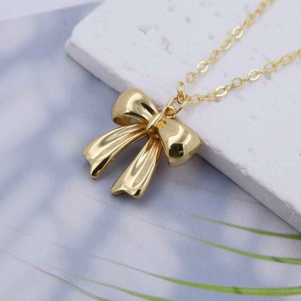 Copper 18K Gold Plated White Gold Plated Cute Solid Color Plating Bow Knot Pendant Necklace