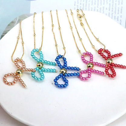 Imitation Pearl Copper Elegant Cute Beaded Bow Knot Pendant Necklace