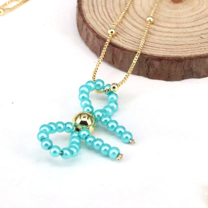 Imitation Pearl Copper Elegant Cute Beaded Bow Knot Pendant Necklace