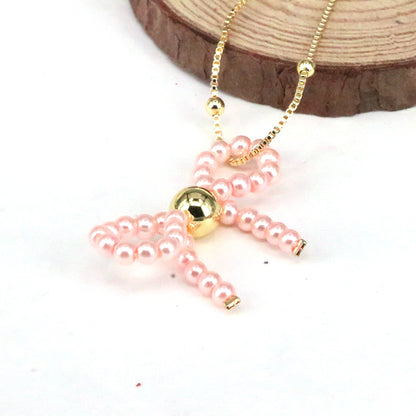 Imitation Pearl Copper Elegant Cute Beaded Bow Knot Pendant Necklace