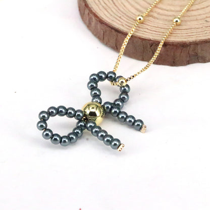 Imitation Pearl Copper Elegant Cute Beaded Bow Knot Pendant Necklace