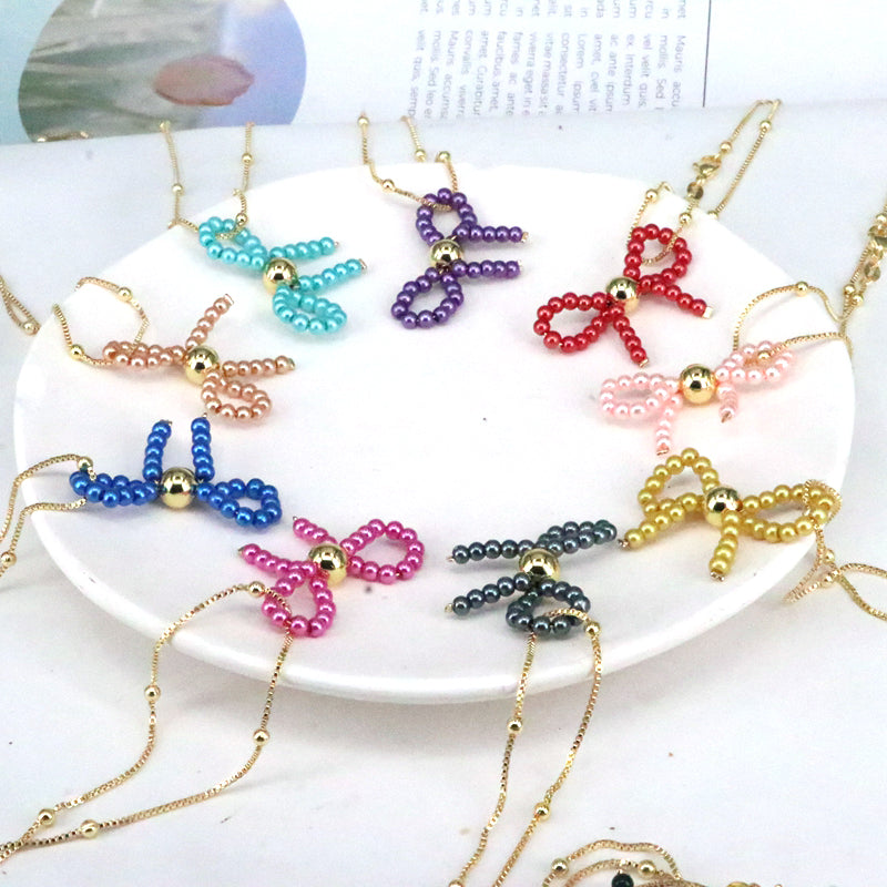 Imitation Pearl Copper Elegant Cute Beaded Bow Knot Pendant Necklace