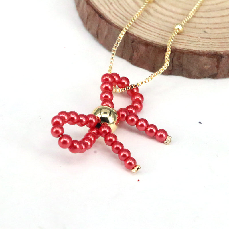 Imitation Pearl Copper Elegant Cute Beaded Bow Knot Pendant Necklace