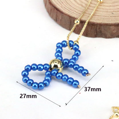 Imitation Pearl Copper Elegant Cute Beaded Bow Knot Pendant Necklace