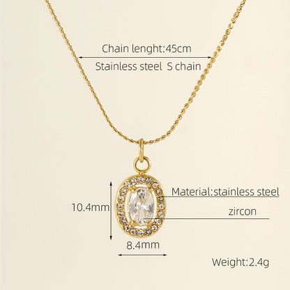 Titanium Steel 18K Gold Plated Elegant Lady Oval Water Droplets Heart Shape Inlay Zircon Pendant Necklace