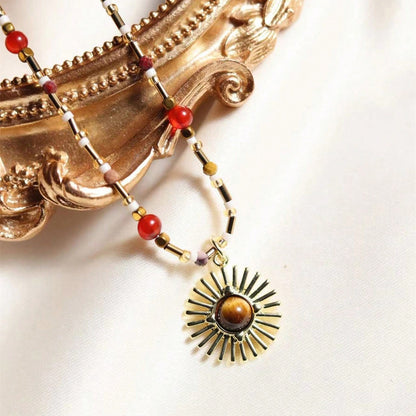 Copper Retro Sun Inlay Natural Stone Pendant Necklace