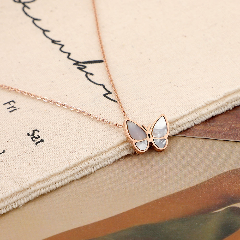 Stainless Steel Rose Gold Plated Elegant Modern Style Commute V Shape Round Butterfly Inlay Shell Zircon Necklace