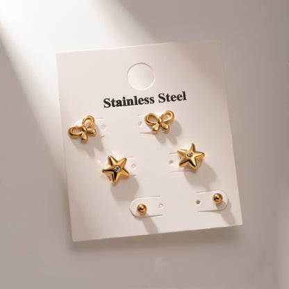 3 Pairs IG Style Modern Style Classic Style Star Butterfly Inlay 316 Stainless Steel  Rhinestones 18K Gold Plated Ear Studs