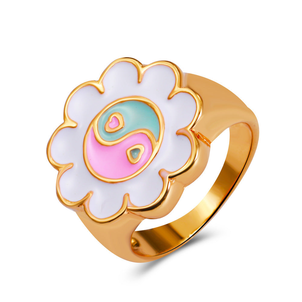 Vintage Tai Chi Oil Dripping Sunflower Heart Ring Wholesale Gooddiy