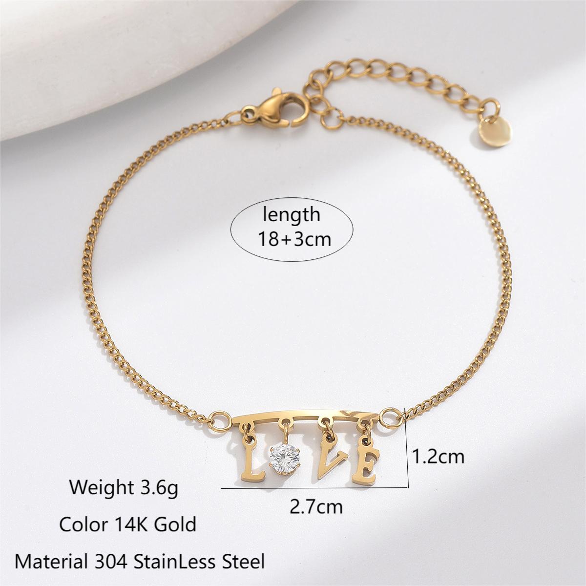 304 Stainless Steel 14K Gold Plated Simple Style Classic Style Polishing Plating Inlay Letter Heart Shape Zircon Bracelets