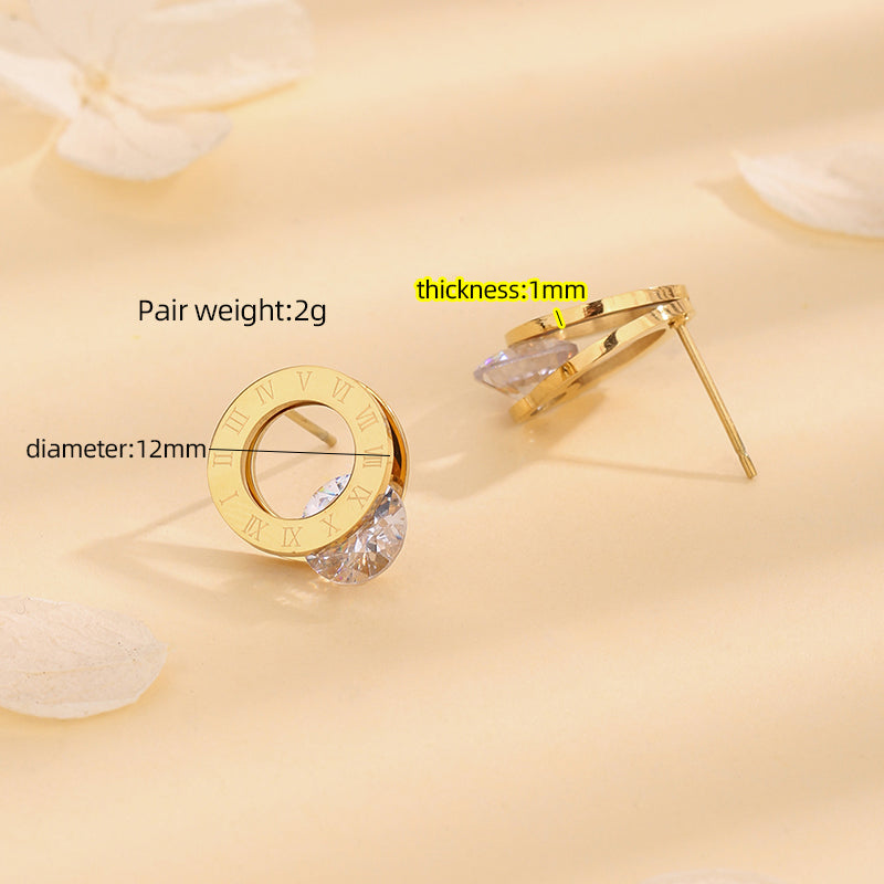 1 Pair Casual Simple Style Number Plating Inlay Titanium Steel Artificial Gemstones 18k Gold Plated Ear Studs