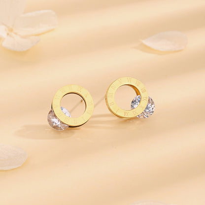 1 Pair Casual Simple Style Number Plating Inlay Titanium Steel Artificial Gemstones 18k Gold Plated Ear Studs