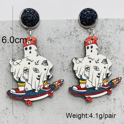 1 Pair Funny Cartoon Character Printing Wood Drop Earrings