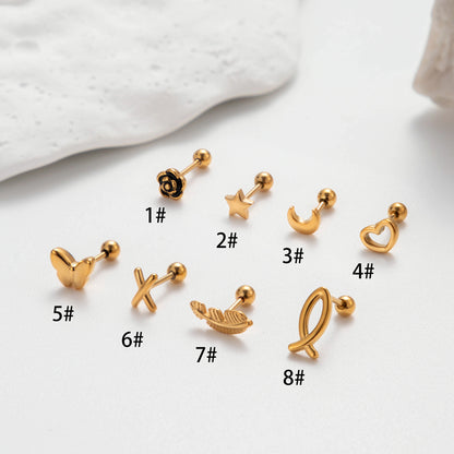 1 Piece Ig Style Korean Style Leaf Heart Shape Bow Knot Plating Stainless Steel 18k Gold Plated Ear Studs