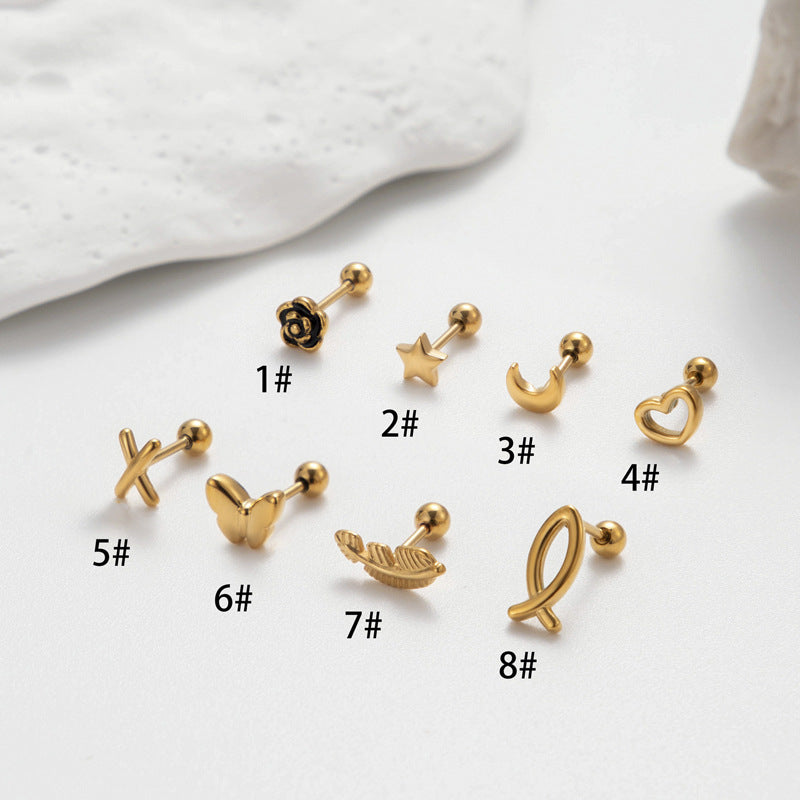 1 Piece Ig Style Korean Style Leaf Heart Shape Bow Knot Plating Stainless Steel 18k Gold Plated Ear Studs