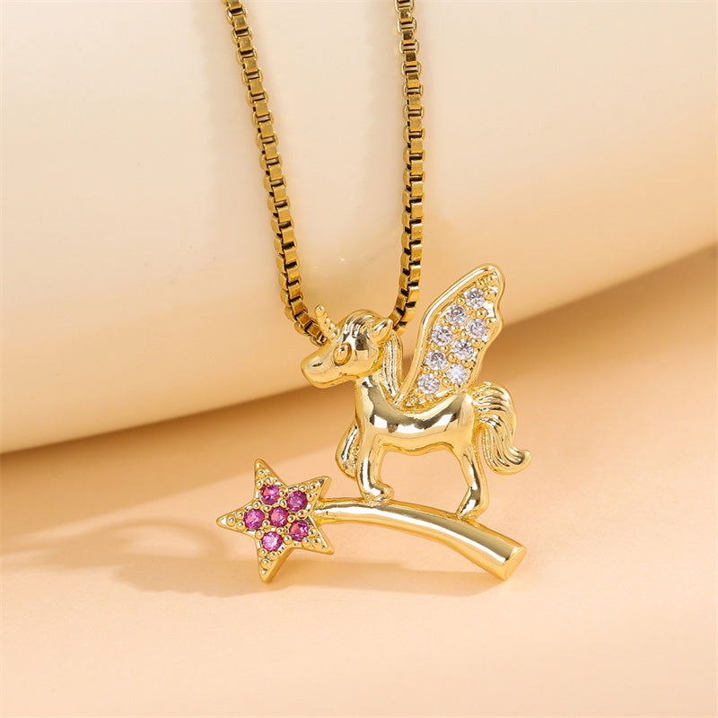 Sweet Animal Oval Heart Shape Stainless Steel Enamel Plating Inlay Zircon 18k Gold Plated Pendant Necklace