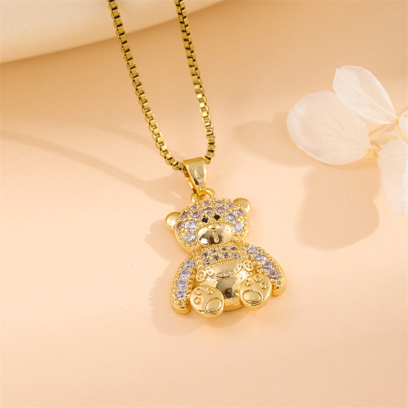 Sweet Animal Oval Heart Shape Stainless Steel Enamel Plating Inlay Zircon 18k Gold Plated Pendant Necklace