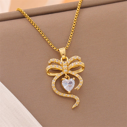 Sweet Animal Oval Heart Shape Stainless Steel Enamel Plating Inlay Zircon 18k Gold Plated Pendant Necklace