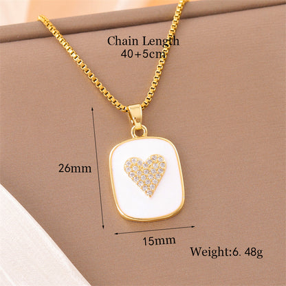 Sweet Animal Oval Heart Shape Stainless Steel Enamel Plating Inlay Zircon 18k Gold Plated Pendant Necklace