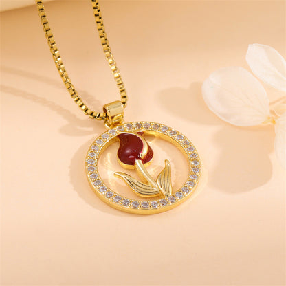 Sweet Animal Oval Heart Shape Stainless Steel Enamel Plating Inlay Zircon 18k Gold Plated Pendant Necklace