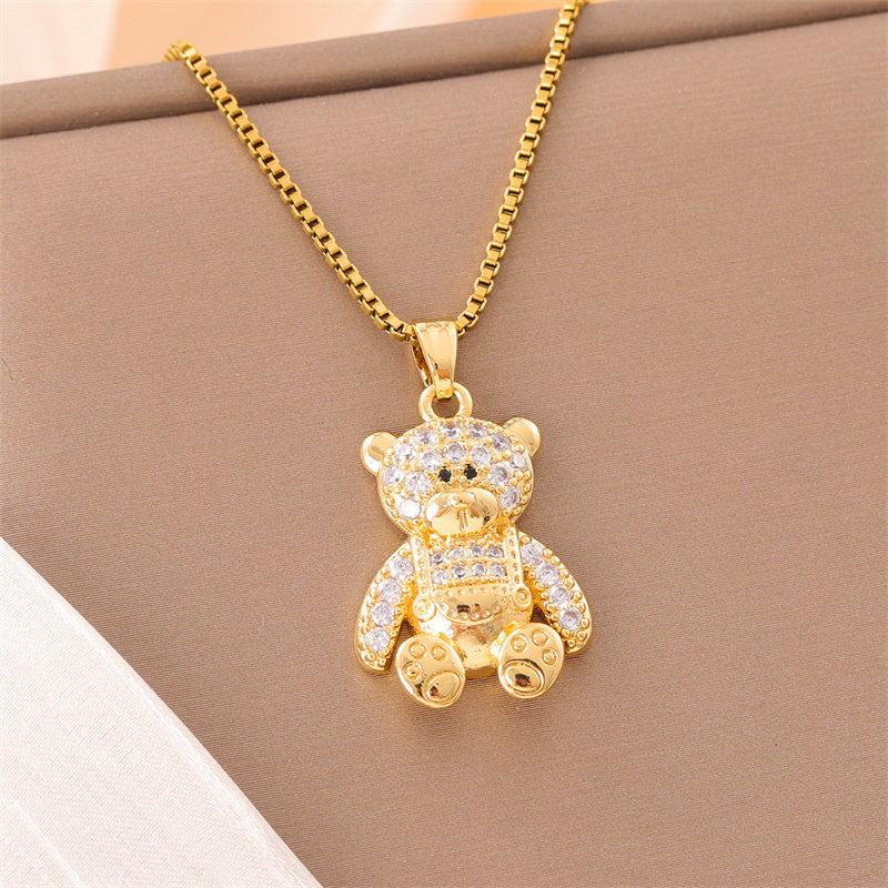 Sweet Animal Oval Heart Shape Stainless Steel Enamel Plating Inlay Zircon 18k Gold Plated Pendant Necklace